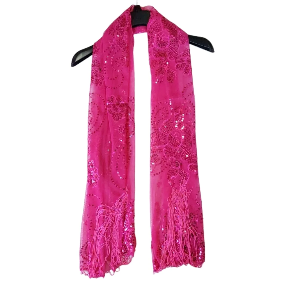Womens Pink Mesh Sequin Metallic Party Prom Wedding Shawl Scarf With Fringe
